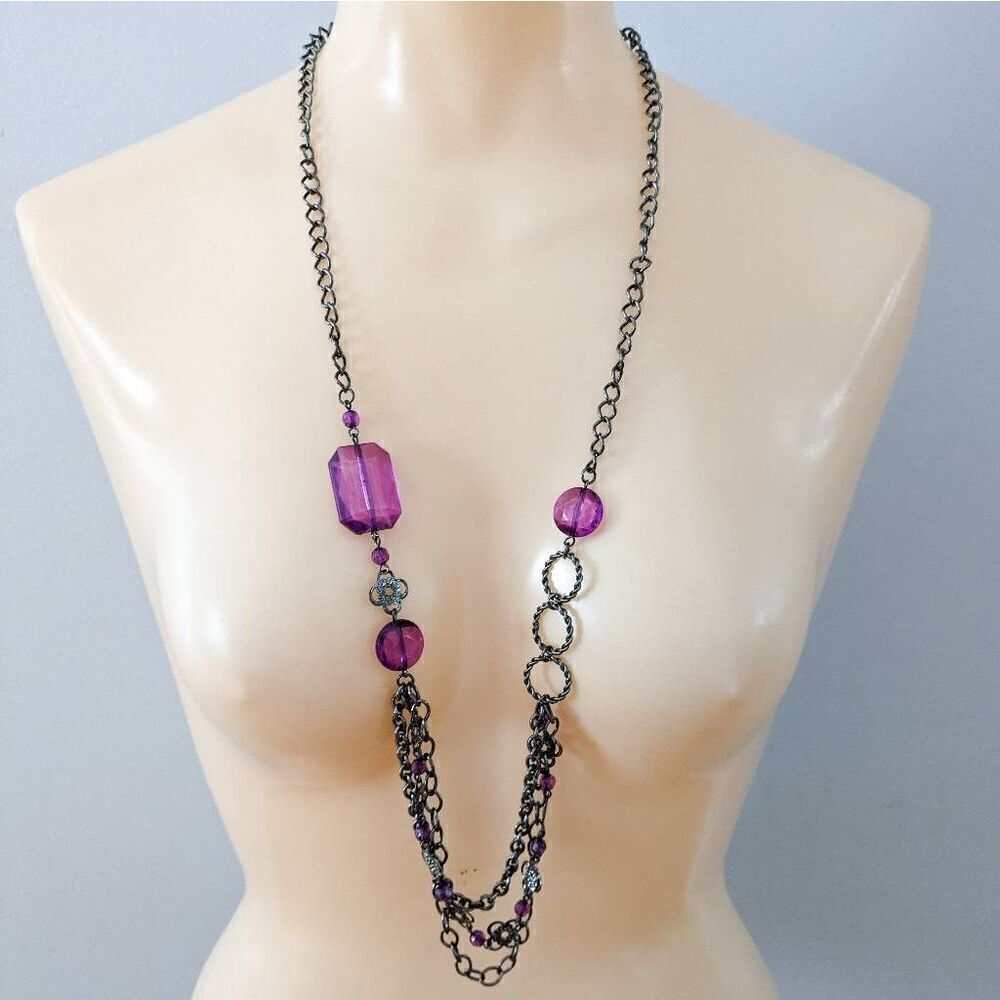 Multi Layered Purple Beaded Costume Necklace